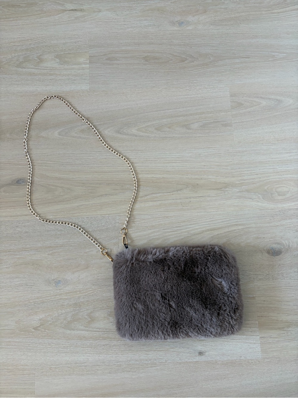 Plush Faux-Fur Crossbody Bag in Gray with Gold Chain